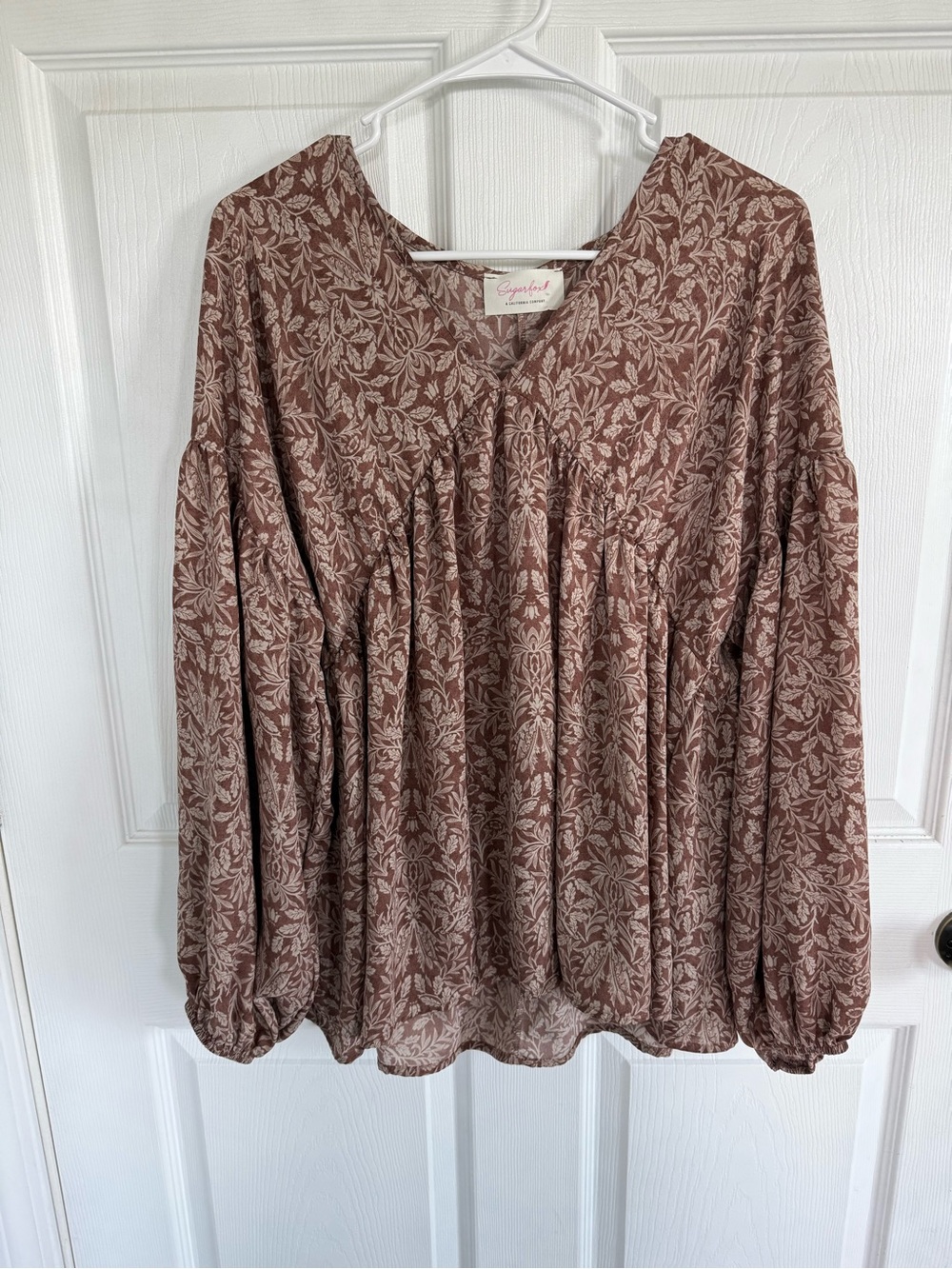Sugarfox Brown Floral Boho Blouse Large Fall Western Boutique Peasant Top